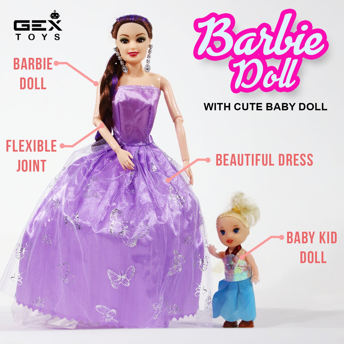 Barbie Doll With Baby Doll Kids | Adjustable Joints | Purple Dress (Pack of 1)