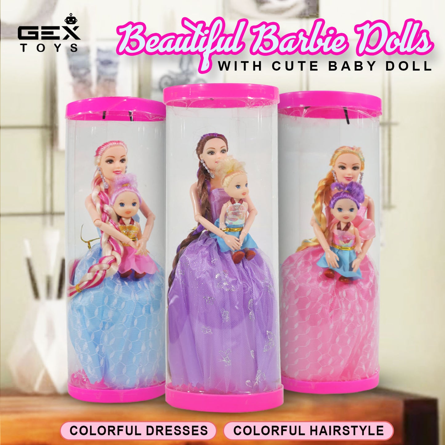 Barbie Doll With Baby Doll Kids | Adjustable Joints | Multiple Color & Dresses (Pack of 1)