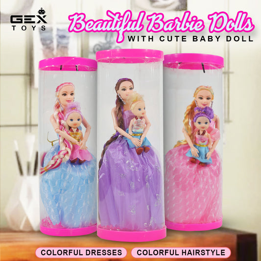 Barbie Doll With Baby Doll Kids | Adjustable Joints | Multiple Color & Dresses (Pack of 1)